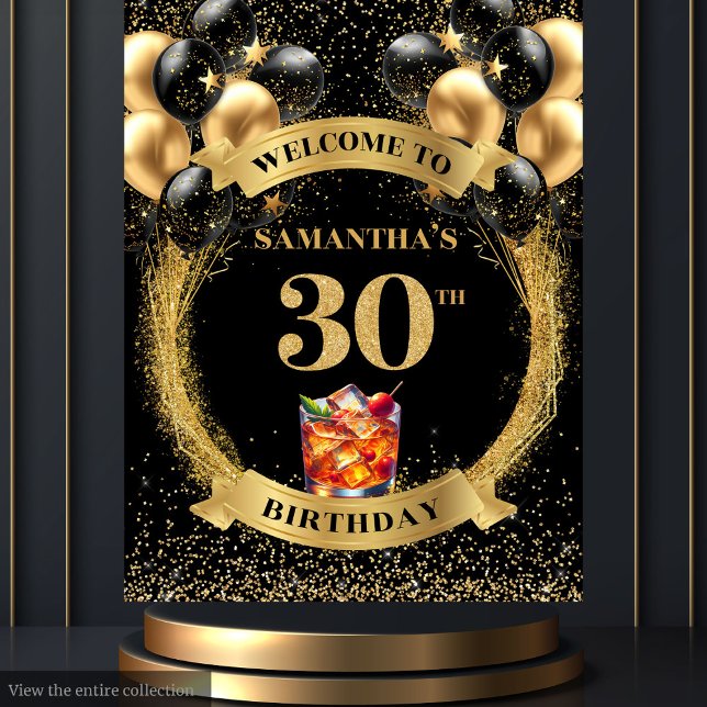 Sophisticated 30th Birthday Black Gold Banner Tapestry (Sophisticated 30th Birthday Black Gold Banner)