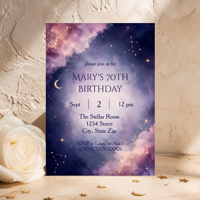 Sophisticated 70th Birthday Invitation | Celestial (Elegant galaxy invitation created for unforgettable 70th birthday celebrations with timeless appeal.)