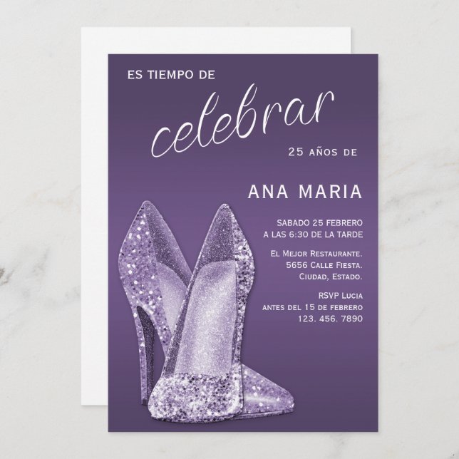 Sophisticated Amethyst Spanish Feminine Birthday  Invitation (Front/Back)