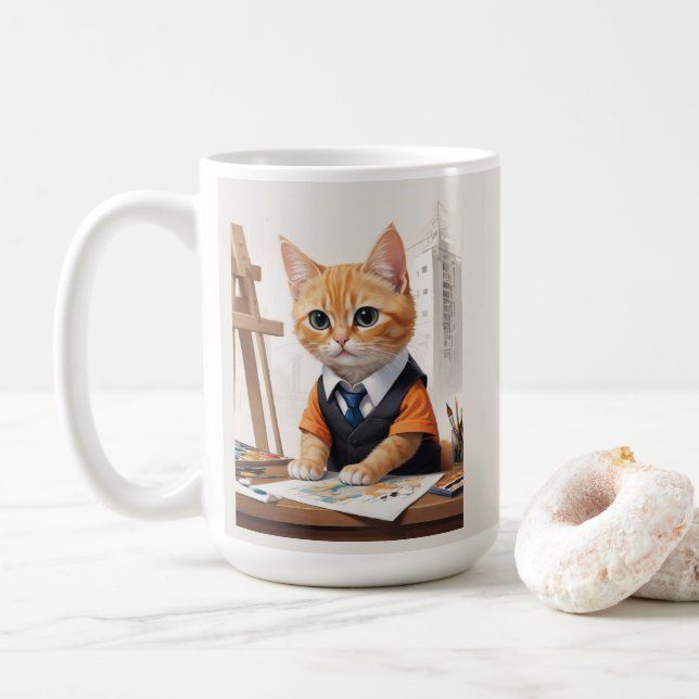 Sophisticated Architect Cat Ginger Kitten Art Coffee Mug (With Donut)
