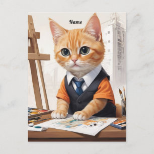 Sophisticated Architect Cat Ginger Kitten Art Postcard