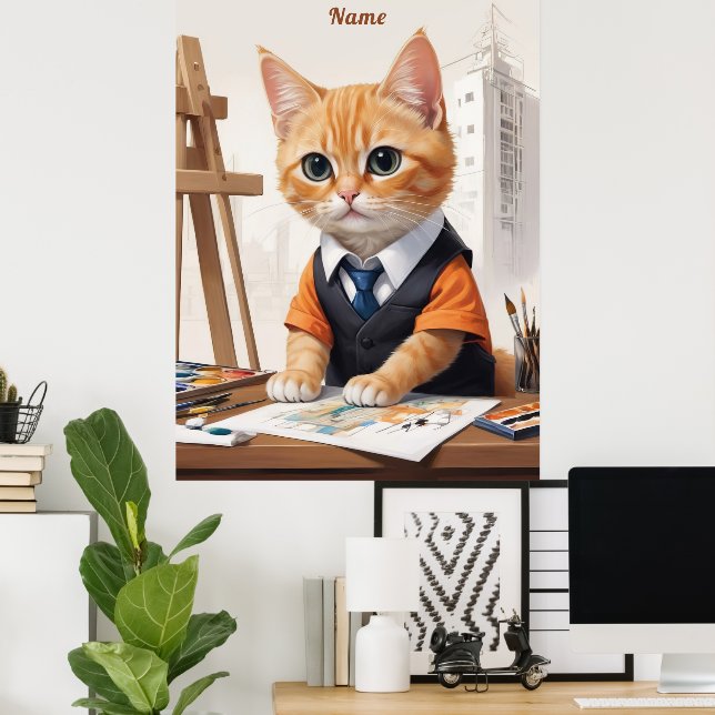 Sophisticated Architect Cat Ginger Kitten Art Poster (Home Office)