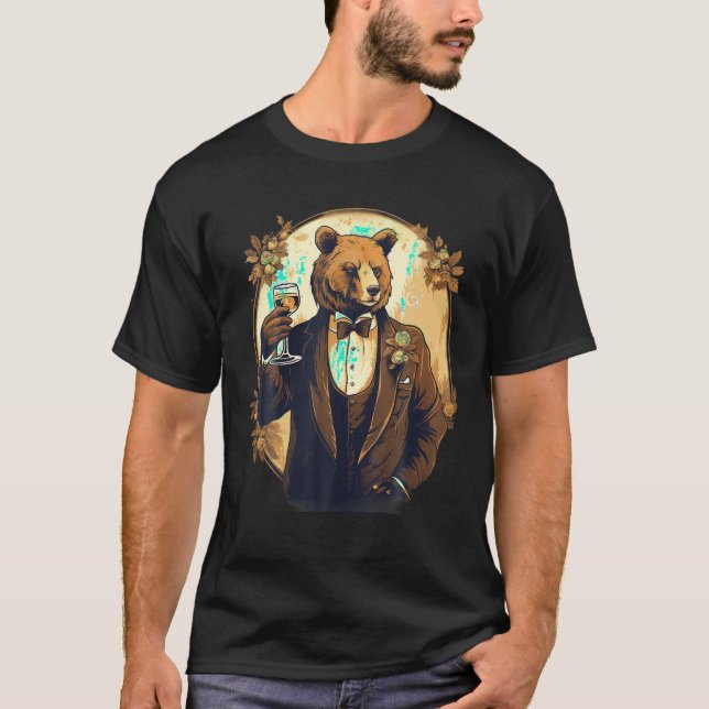 sophisticated artistic portrayal bear drinking win T-Shirt (Front)