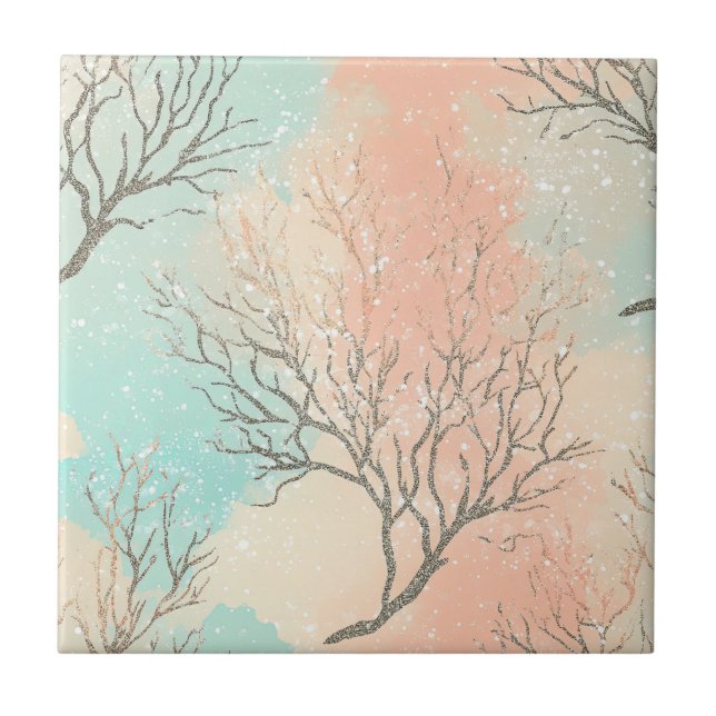 Sophisticated Beach Palette with Coral & Wave Ceramic Tile (Front)