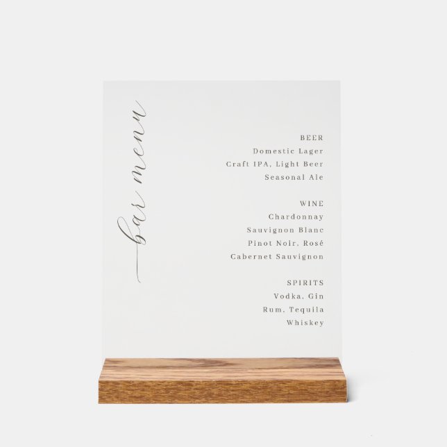 Sophisticated Beige Minimalist Bar Menu Acrylic Sign (Front)