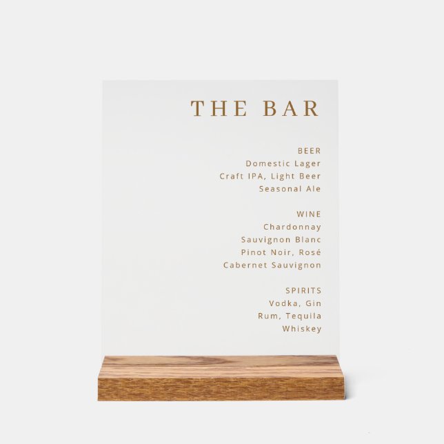 Sophisticated Beige Serif Bar Menu Acrylic Sign (Front)