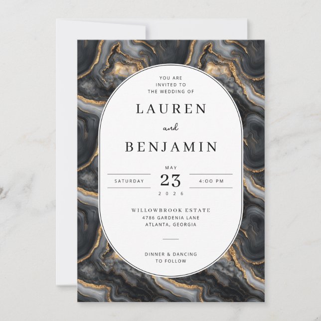 Sophisticated Black and Gold Marble Invitation (Front)