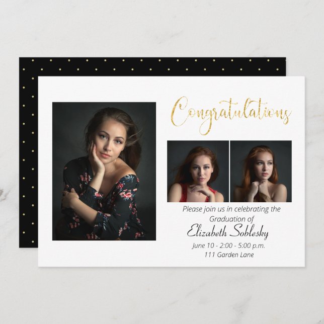 Sophisticated Black and Gold Photo Graduation Invitation (Front/Back)