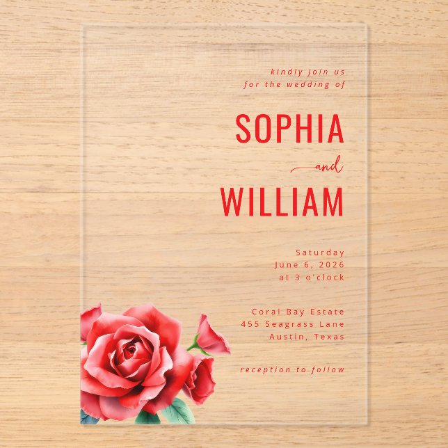 Sophisticated Black and Red Floral Acrylic Invitations (Front)