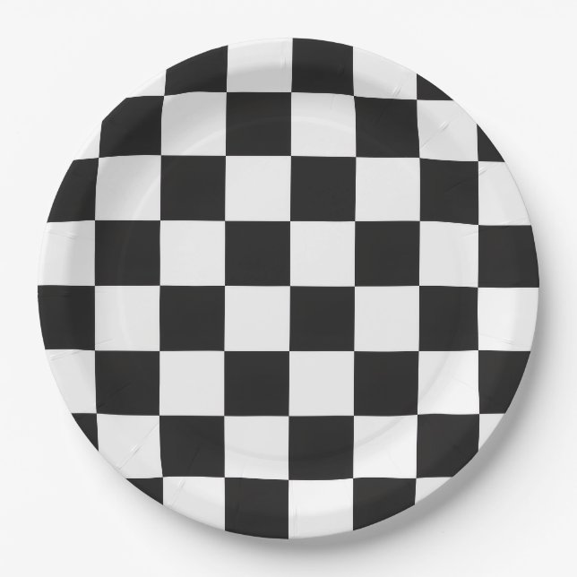 Sophisticated Black and White Chequered Pattern Paper Plate (Front)