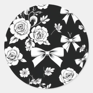 Sophisticated Black and White Floral and Bow Classic Round Sticker