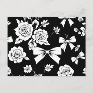 Sophisticated Black and White Floral and Bow  Postcard