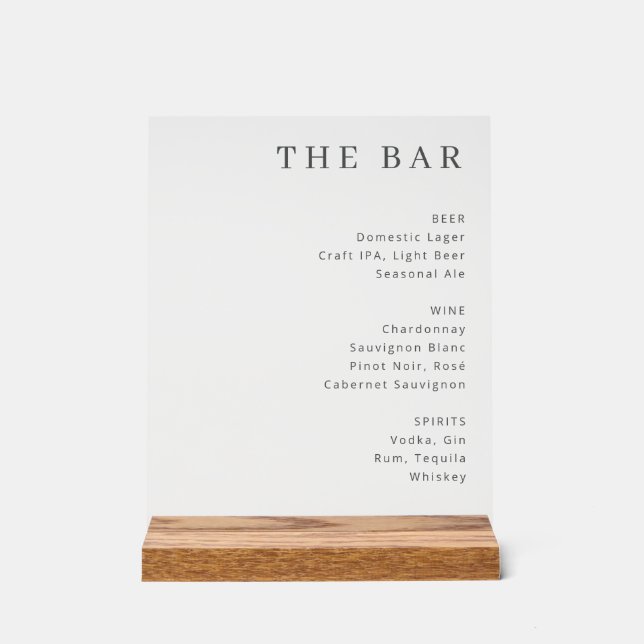 Sophisticated Black and White Serif Bar Menu Acrylic Sign (Front)