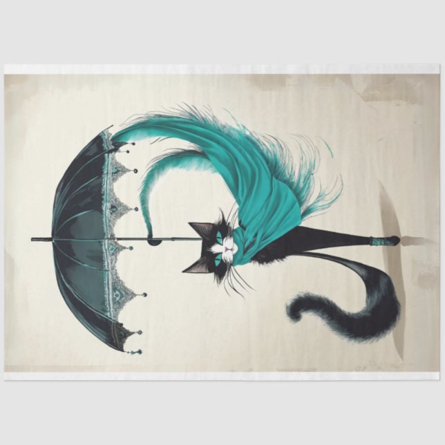 Sophisticated black cat with teal umbrella  tissue paper (Front)