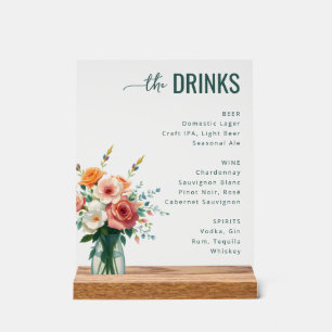 Sophisticated Black Floral Wine Menu Acrylic Sign