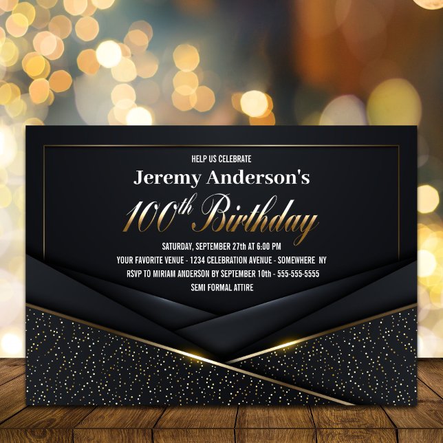 Sophisticated Black Gold 100th Birthday Party Invitation (Creator Uploaded)