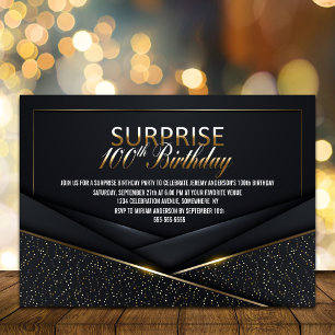Sophisticated Black Gold 100th Surprise Birthday Invitation