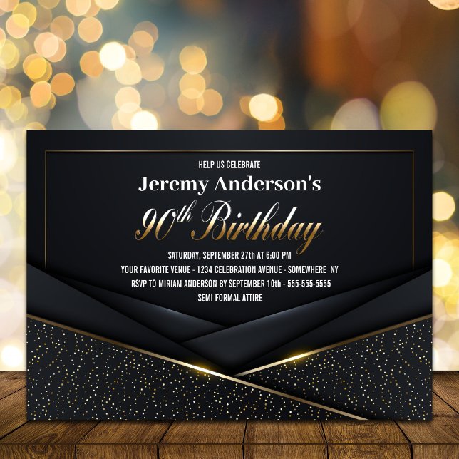 Sophisticated Black Gold 90th Birthday Party Invitation (Creator Uploaded)