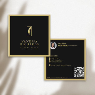 Sophisticated Black Gold Feather Notary Photo QR Square Business Card