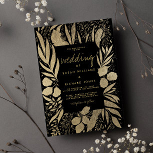 Sophisticated black gold foliage floral wedding  invitation