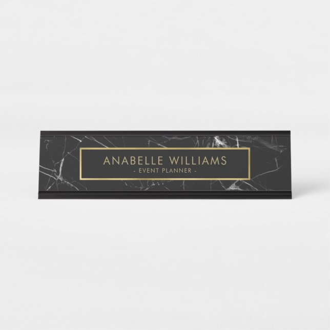 Sophisticated Black Marble and Gold Texture Desk Name Plate (Front)