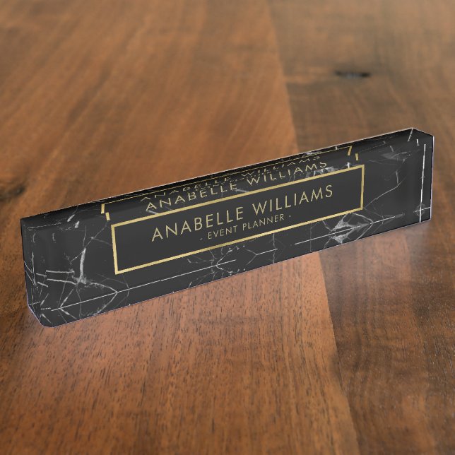 Sophisticated Black Marble and Gold Texture Nameplate (Side)