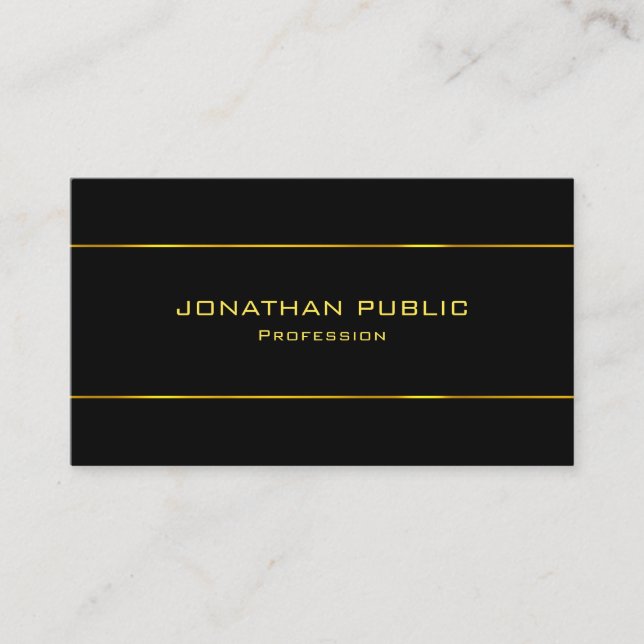 Sophisticated Black Template Gold Text Modern Business Card (Front)