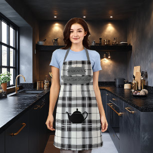 Sophisticated Black White Plaid with Teapot Motif  Apron