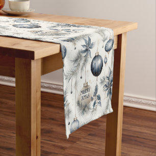 Sophisticated Blue and Beige Christmas Ornaments Short Table Runner