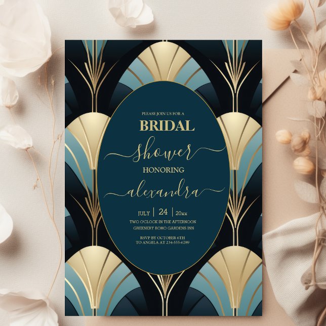 Sophisticated Blue and Gold Art Deco Bridal Invitation (Creator Uploaded)