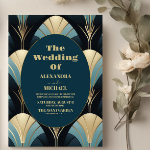 Sophisticated Blue and Gold Art Deco Wedding Invitation