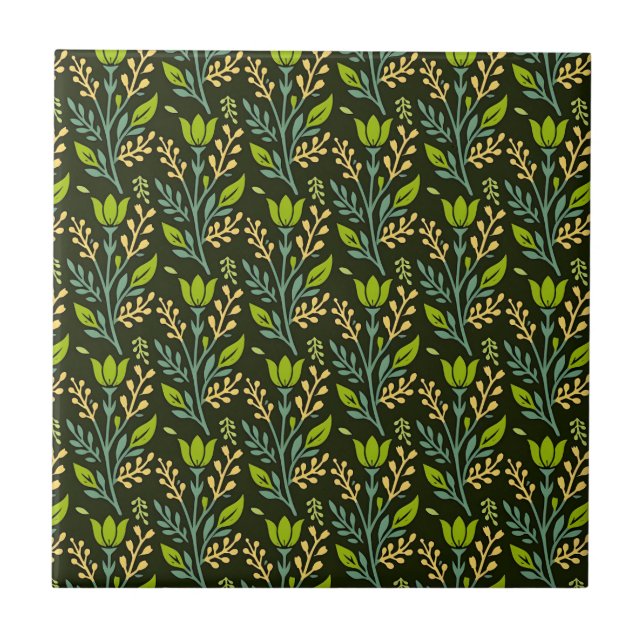 Sophisticated blue & beige floral pattern design  ceramic tile (Front)
