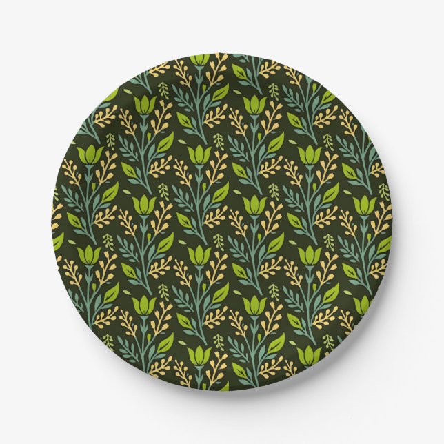 Sophisticated blue & beige floral pattern design  paper plate (Front)