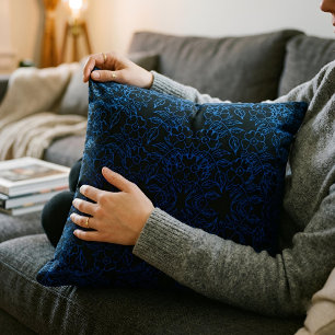 Sophisticated Blue Damask Floral Art on Black Cushion
