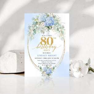 Sophisticated Blue Floral 80th Birthday Invitation