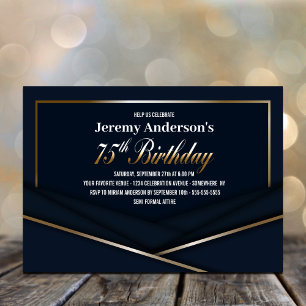 Sophisticated Blue Gold 75th Birthday Party Invitation