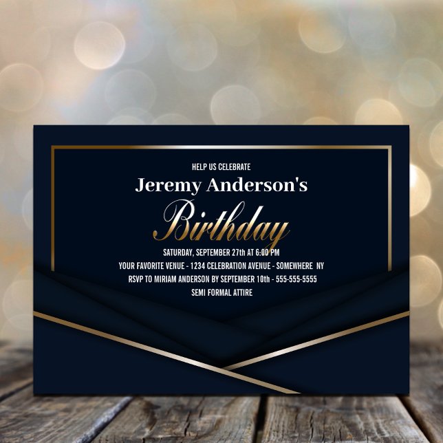 Sophisticated Blue Gold Birthday Party Invitation (Creator Uploaded)