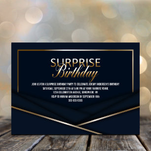 Sophisticated Blue Gold Surprise Birthday Invitation