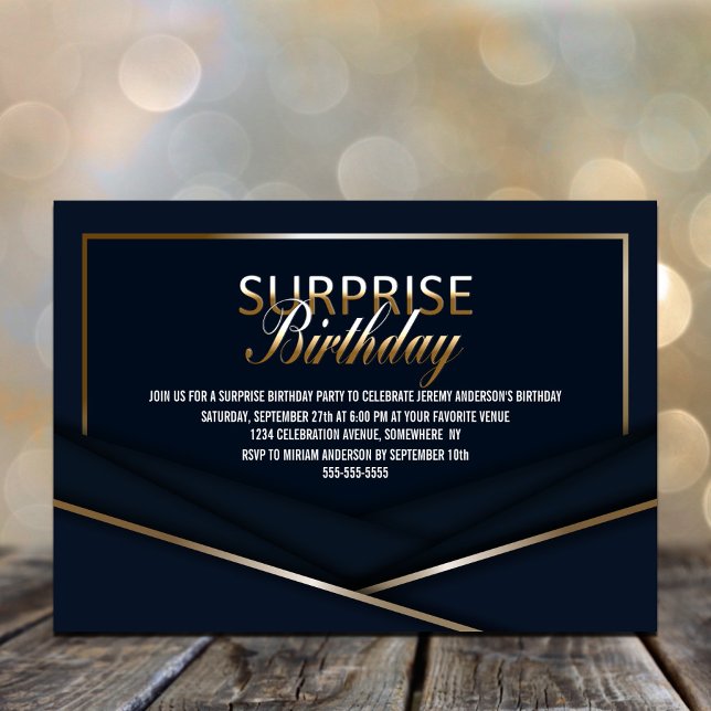Sophisticated Blue Gold Surprise Birthday Invitation (Creator Uploaded)