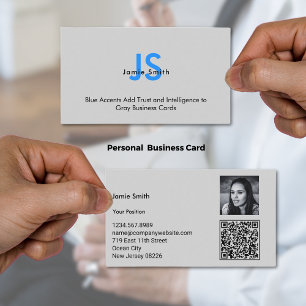 Sophisticated Blue Initials QR-code Black & Grey Business Card