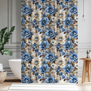 Sophisticated Blue Ivory Floral Shower Curtain 