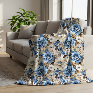 Sophisticated Blue Ivory Floral Soft Throw Blanket