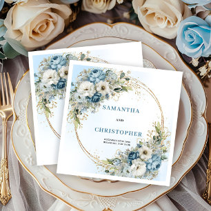 Sophisticated Blue Peony Gold Wedding Napkins