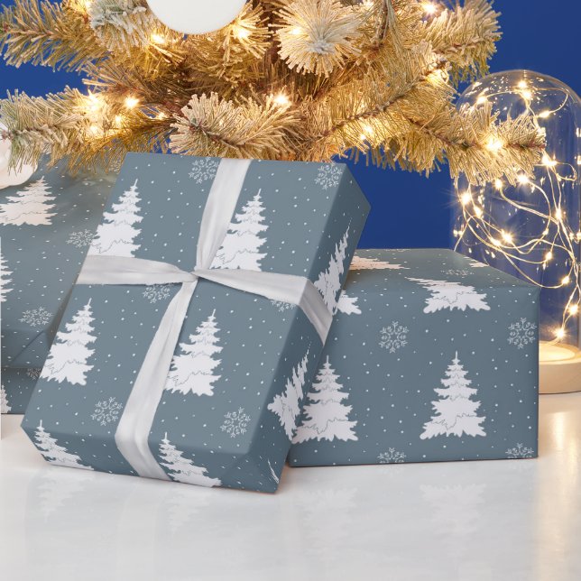 Sophisticated Blue & White Christmas Trees Pattern Wrapping Paper (Holidays)