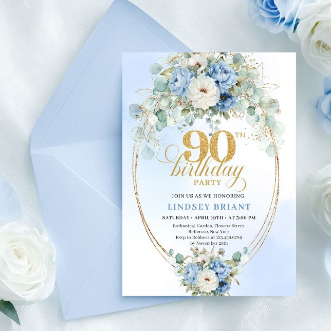 Sophisticated Bohemian Blue Flowers Gold Birthday Invitation (Sophisticated Bohemian Blue Flowers Birthday Invitation)