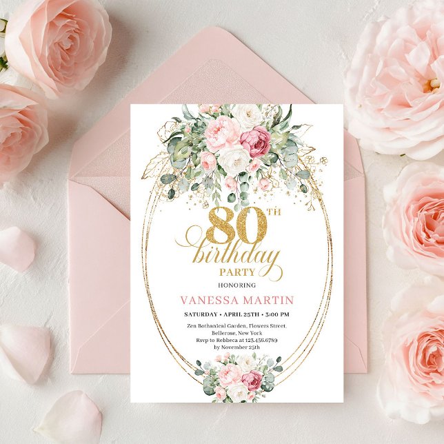 Sophisticated Bohemian Blush Roses 80th Birthday Invitation (Sophisticated Bohemian Blush Roses 80th Birthday)