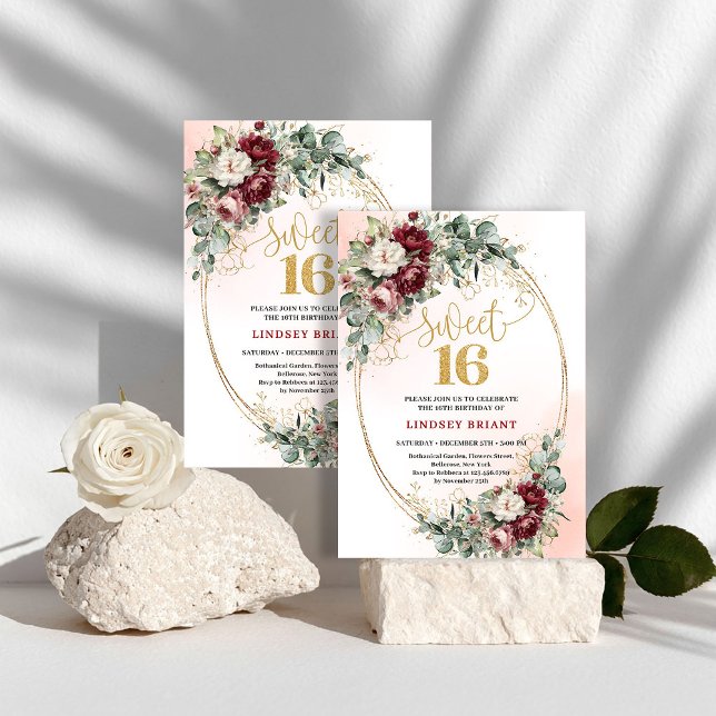 Sophisticated Bohemian Burgundy Floral Sweet 16  Invitation (Sophisticated Bohemian Burgundy Floral Sweet 16 Invite)