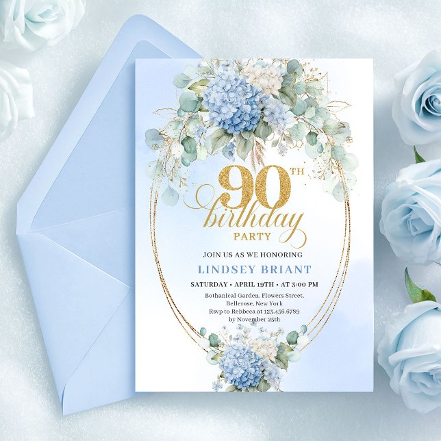 Sophisticated Boho Blue Floral Gold 90th Birthday Invitation (Sophisticated Blue Floral Gold 90th Birthday Invite)
