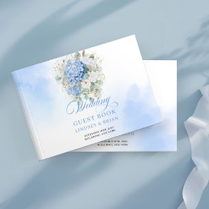 Sophisticated Boho Blue Flowers Gold Guest Book