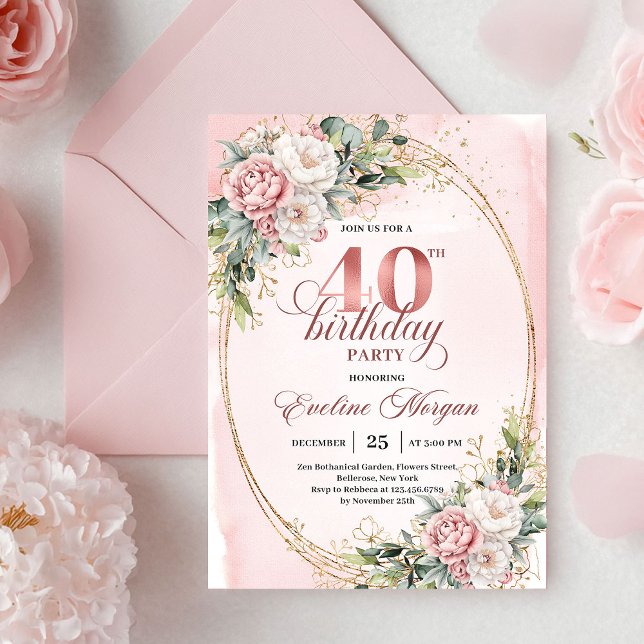 Sophisticated Boho Blush Floral Gold 40th Birthday Invitation (Sophisticated Boho Blush Floral 40th Birthday Invitation)